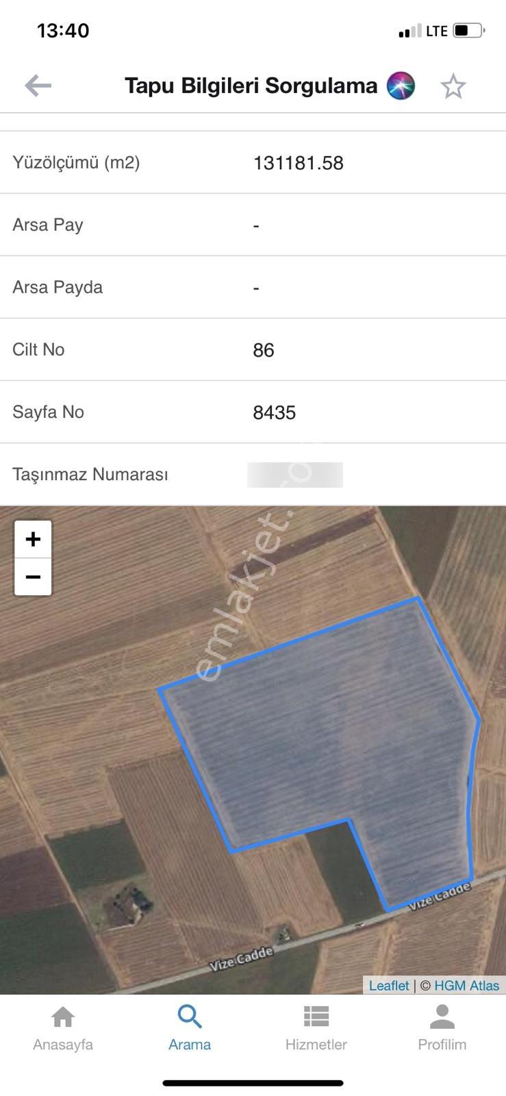 Global'den Lüleburgaz Ahmetbey^'de Satılık 131 Dönüm Arazi