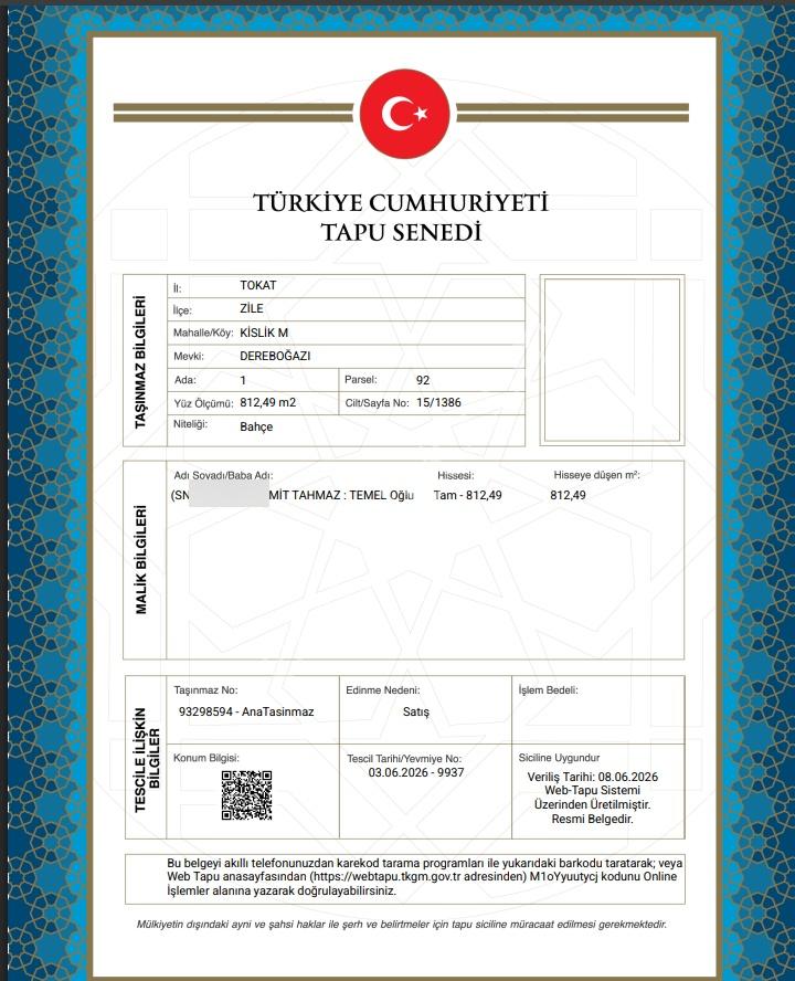 Tokat Zile Arsa Tapu Sahibi Perta Emlak Ümit Tahmaz