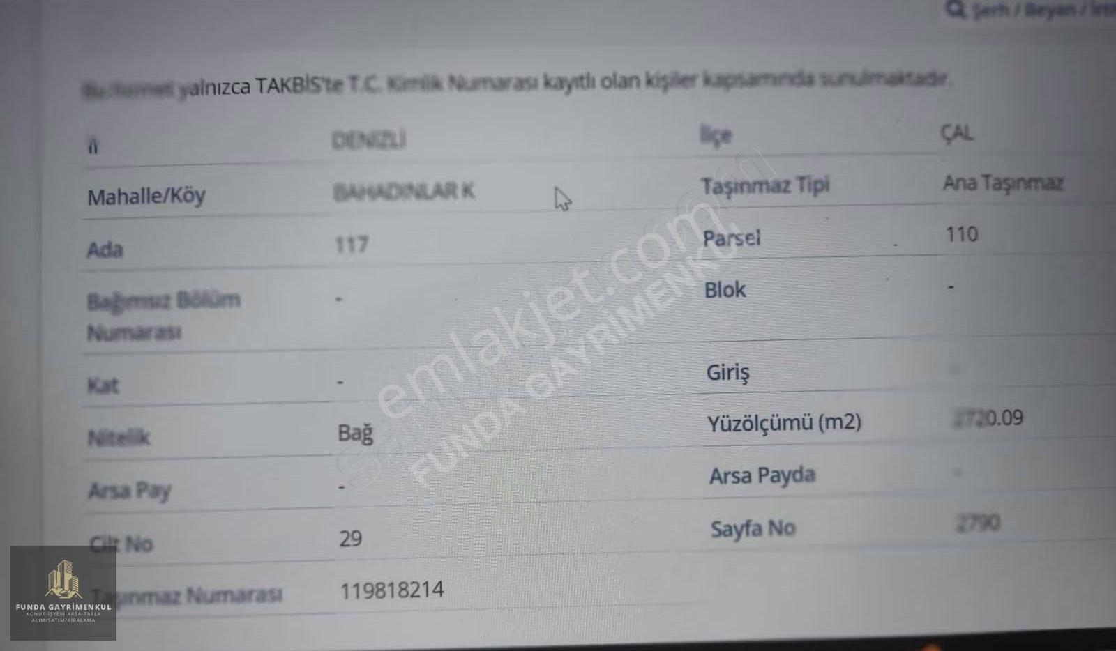 Denizlide Çal İlçesi Bahadınlar Köyünde Tek Tapu Bağyeri