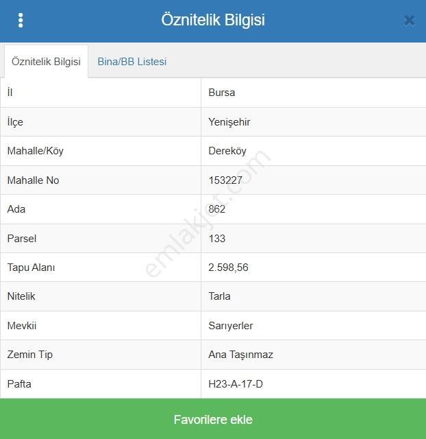 Bursa Yenişehir Dereköy'de 2.598m2 Satılık Tarla