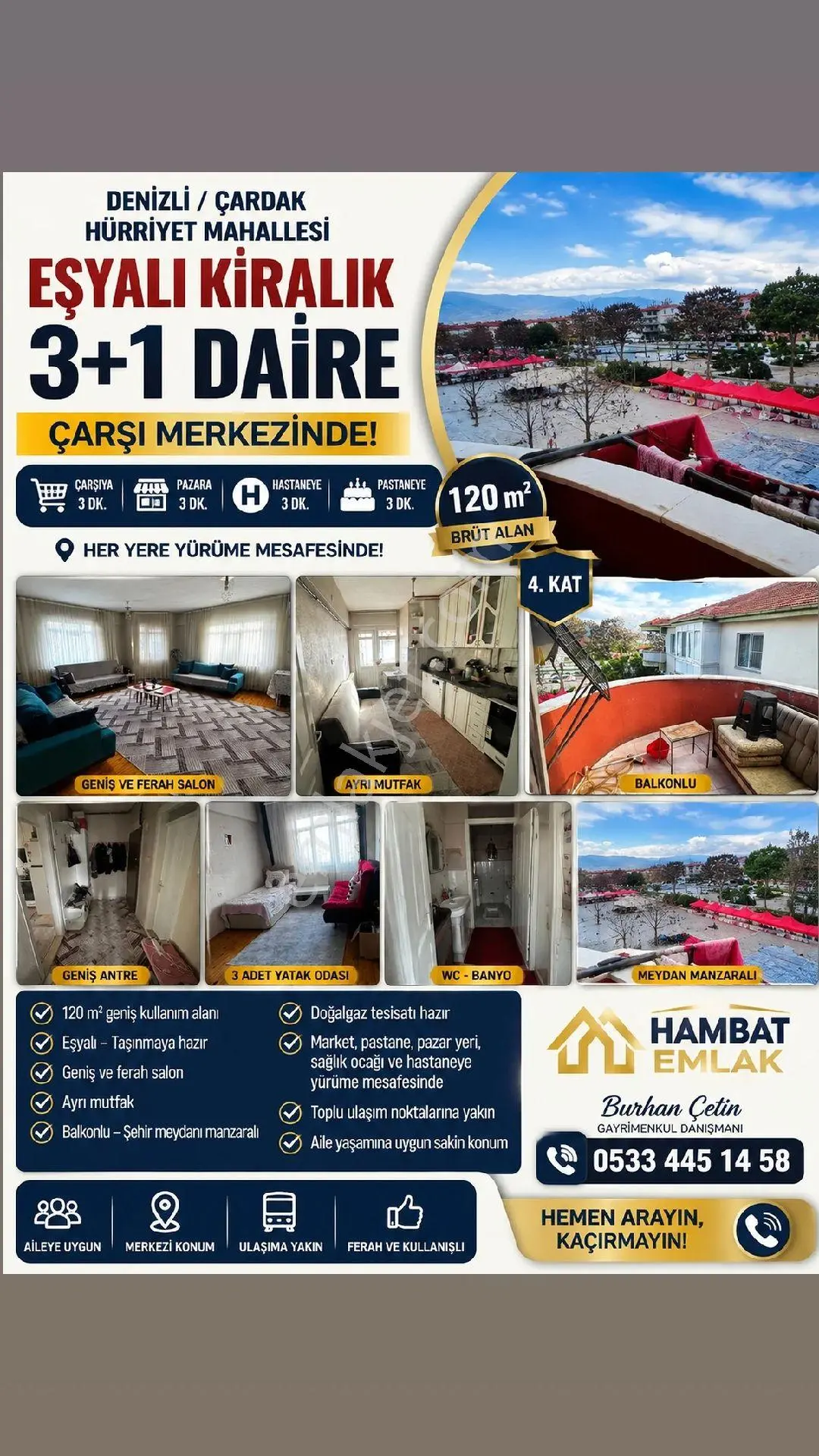 🏡 Çardak Merkezde Eşyalı Kiralık 3+1 Daire | Hastane, Pazar Ve Çarşıya Yürüme Mesafesi. Ha - Görsel 2