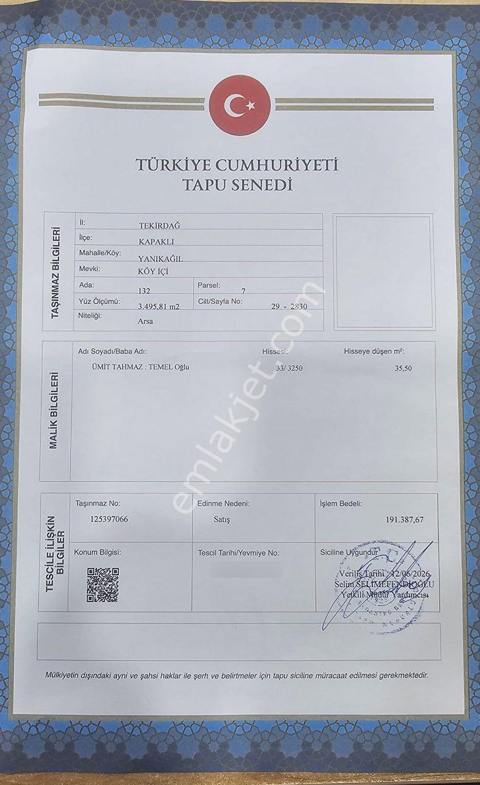 Tekirdağ Kapaklı Müsatkil Ev Tapu Sahibi Perta Emlak Ümit Tahmaz