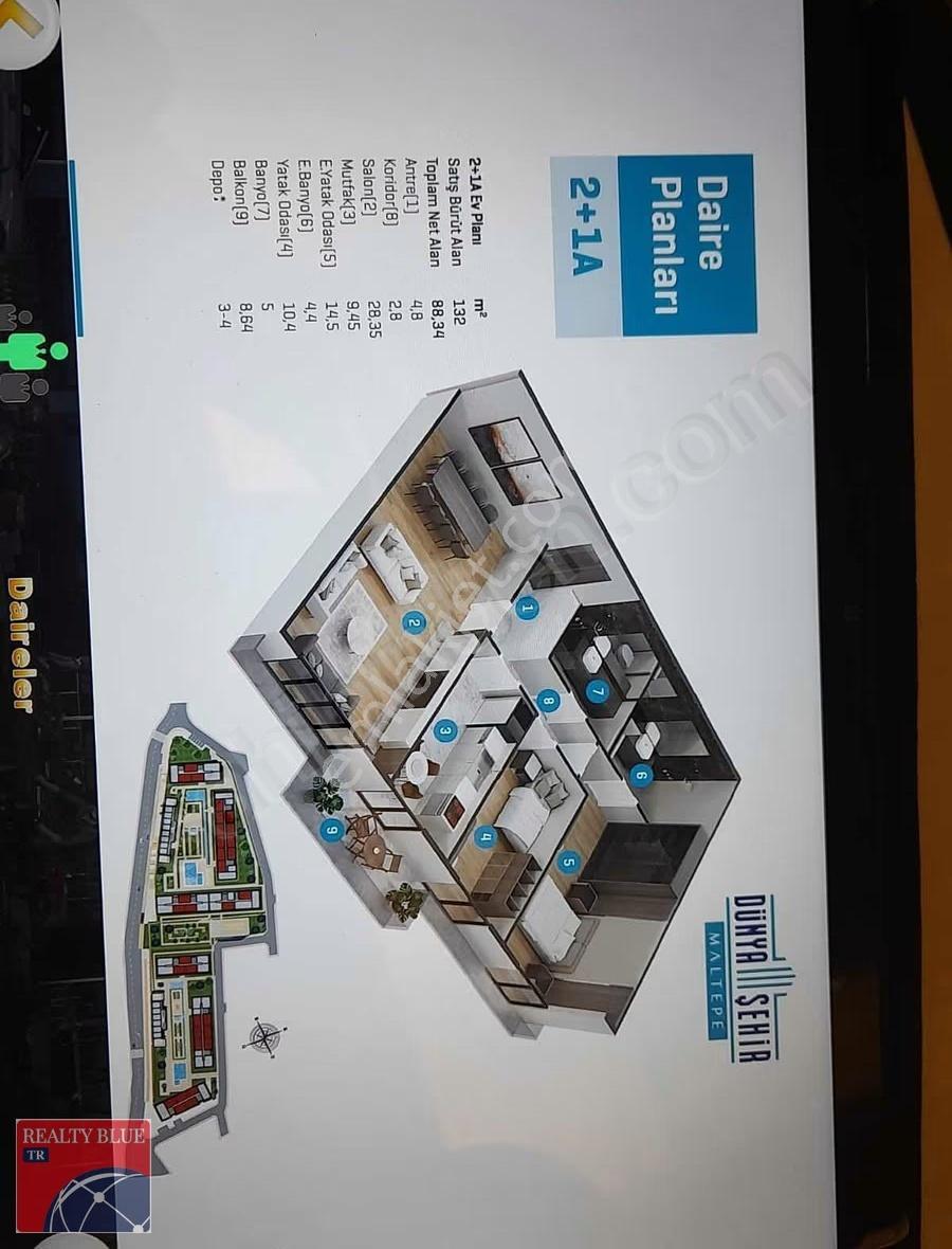 Piazza Karşısı Dünya Şehir Projesinde 2+1 Arakat Daire