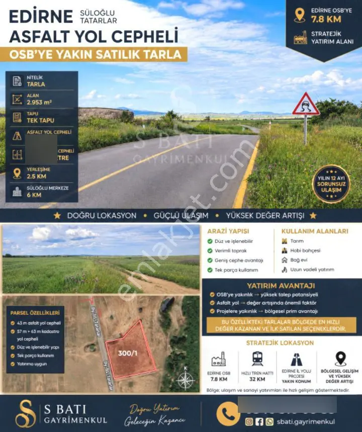 Edirne Süloğlu. 🚧 Yol + Osb + İl Yolu Projesine Yakın. 👉 Asfalt Cepheli 2.953 M² Süper Konum