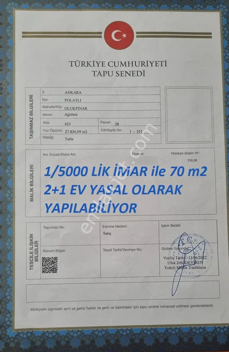 Floralıfe-2 İmarlı 350m² Bahçe Eskişehir Yolu Yakın Altyapı Hazır 70m² Yapı Hakkı Yatırımlık Fırsatı