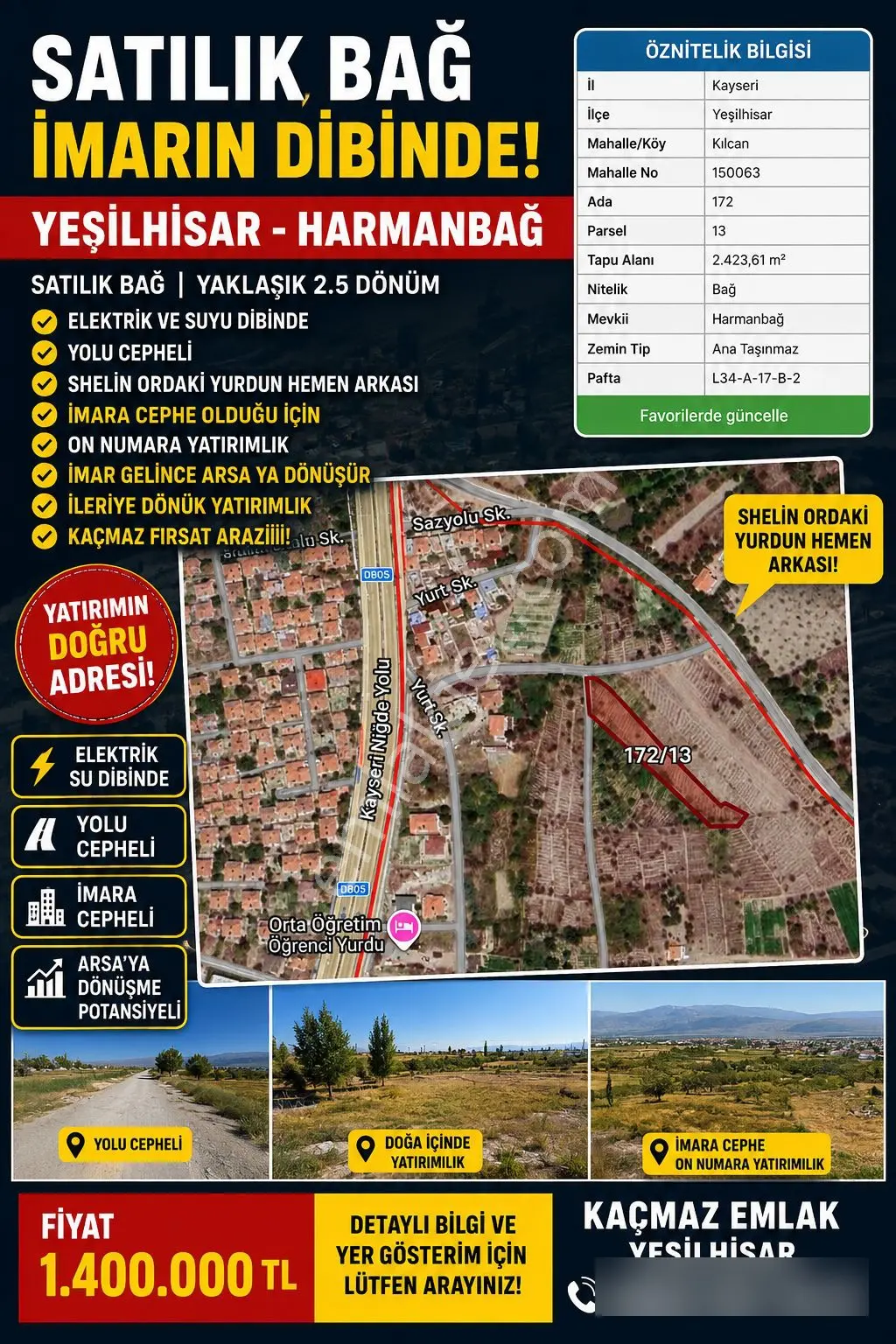 Kaçmaz Emlaktan Yeşilhisarda Satılık Bağ İmar