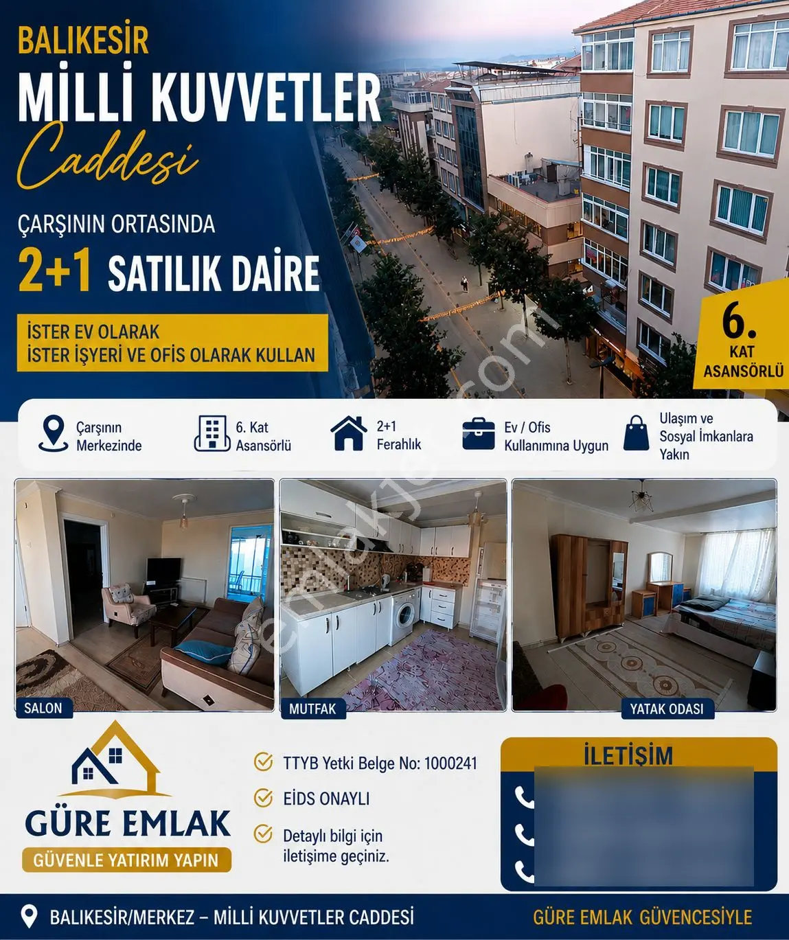 Balıkesir Milli Kuvvetler Caddesi Satılık 2+1 Daire İster İşyeri İster Daire Olarak Kullan