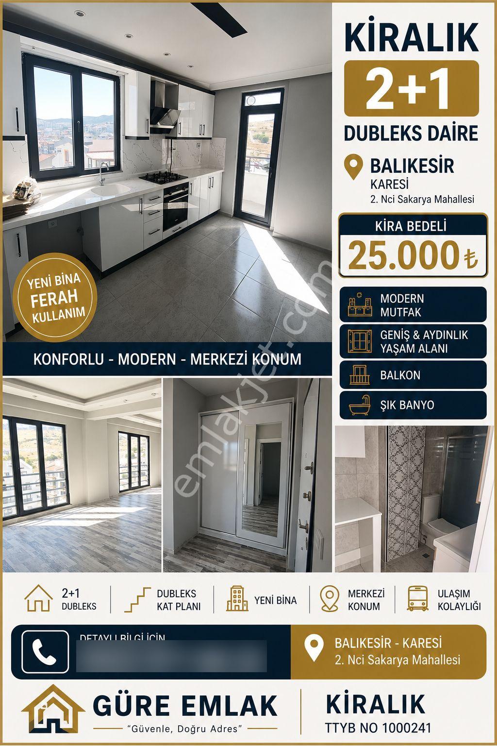 Çevreyolu Sakarya Mahallesi 2+1 Kiralık Dubleks Daire