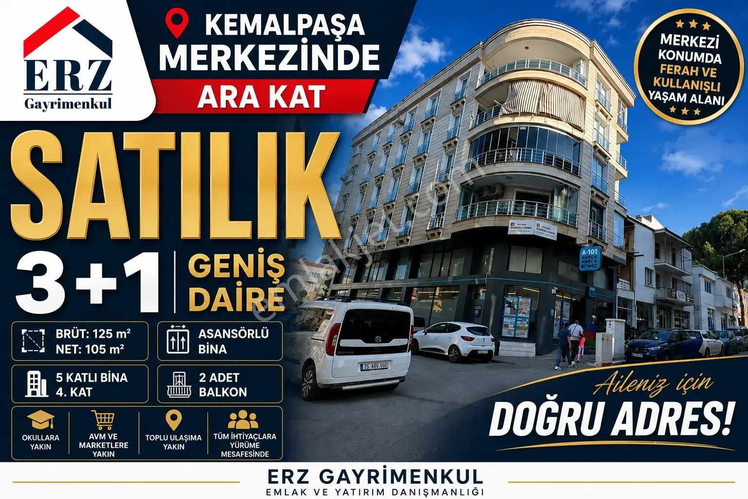 Erz'den Kemalpaşa'da Merkezi Konumda 125 M² Asansörlü 3+1 Daire