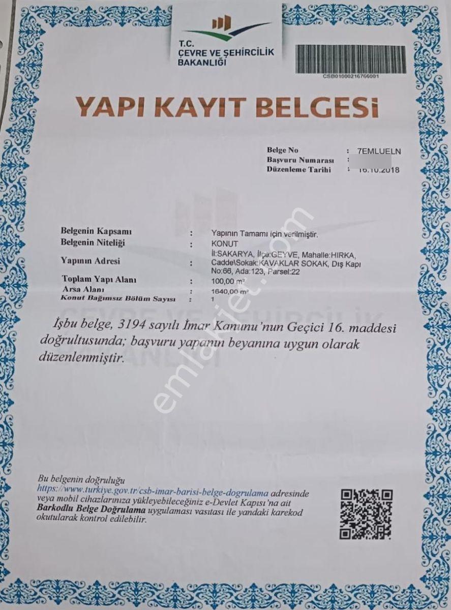 Geyve Hırka 1640m2 İçinde Yapıkayıt Belgeli Tek Katlı Ev Ve Arsa - Görsel 18