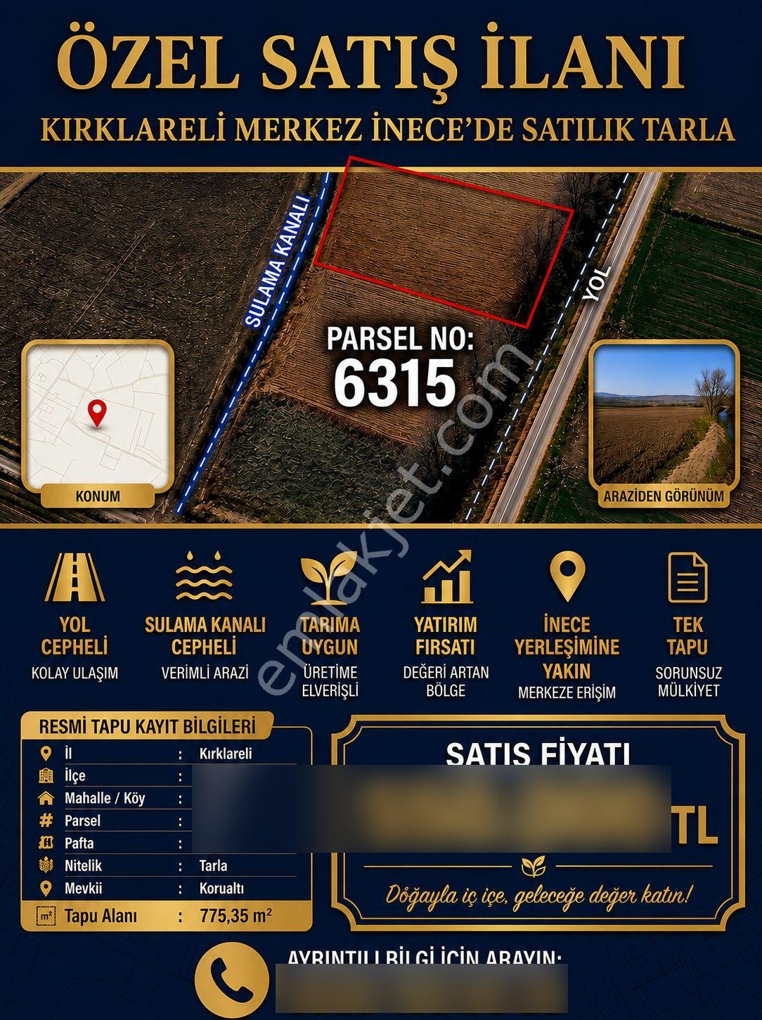 Kırklareli Merkez İnece'de Satılık Tarla