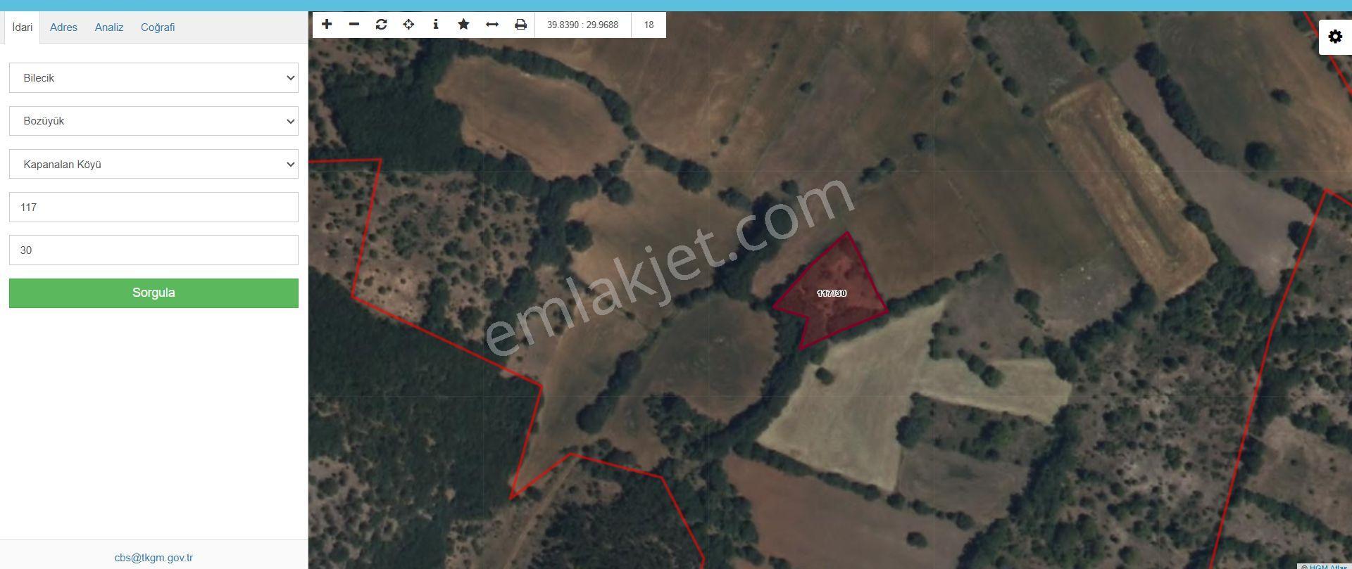 Bozüyük Kapanalan Köyü'nde 1700 M² Satılık Tarla