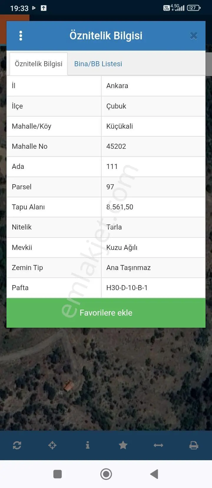 Çubuk Küçük Ali Mah Satılık Tarla Tektapu