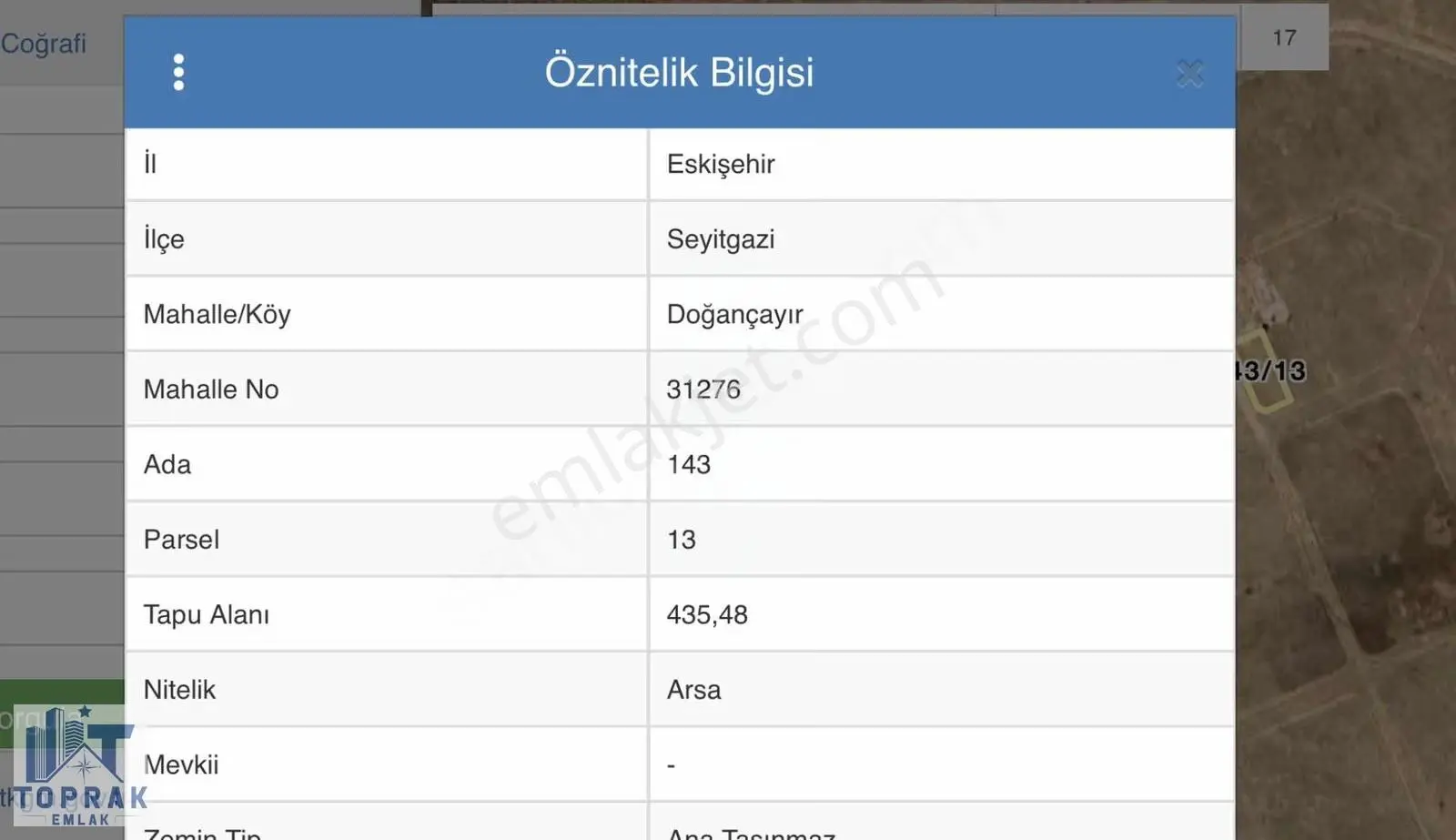 Toprak Emlaktan Seyitgazi Doğançayırda Köşe Parsel Satılık Arsa