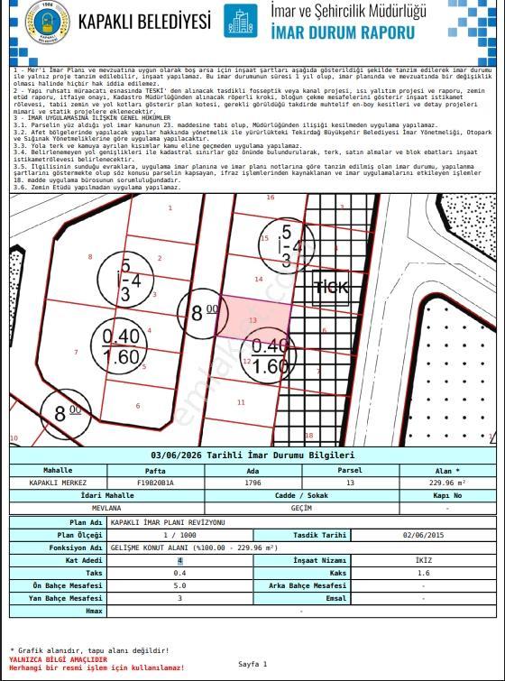 Tekirdağ Kapaklı'da 230 M2 Tek Tapu Satılık İmarlı Arsa - Görsel 3