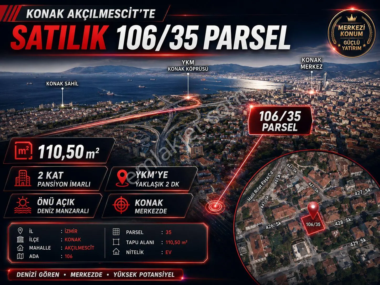 İzmir Konak'ta Deniz Manzaralı 2 Kat Pansiyon İmarlı Fırsat Arsa