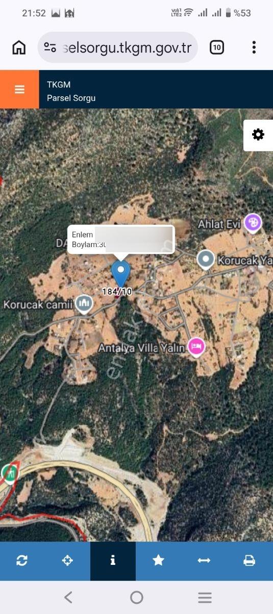 Antalya Bayatbadem Korucak Satılık 600 M2 Villa Arsası