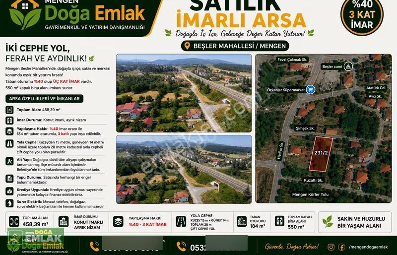 Mengen Beşler'de Satılık 459m² İmarlı Arsa (3 Kat İmar)