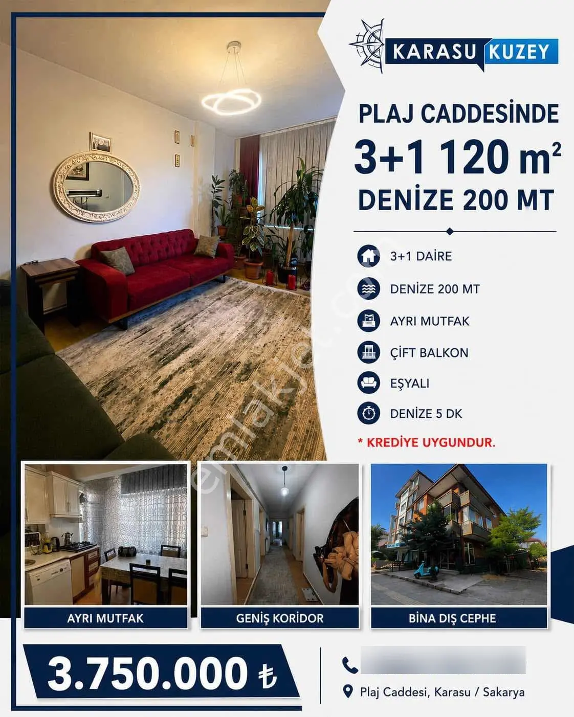 Karasu Kuzeyden Satılık Yalı Mh.de3+1 Daire