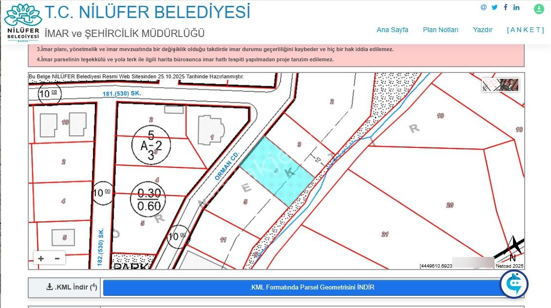 Nilüfer Kayapa Da Villa İmarlı 691 M2 Arsa 6406 Ada 4 Parsel