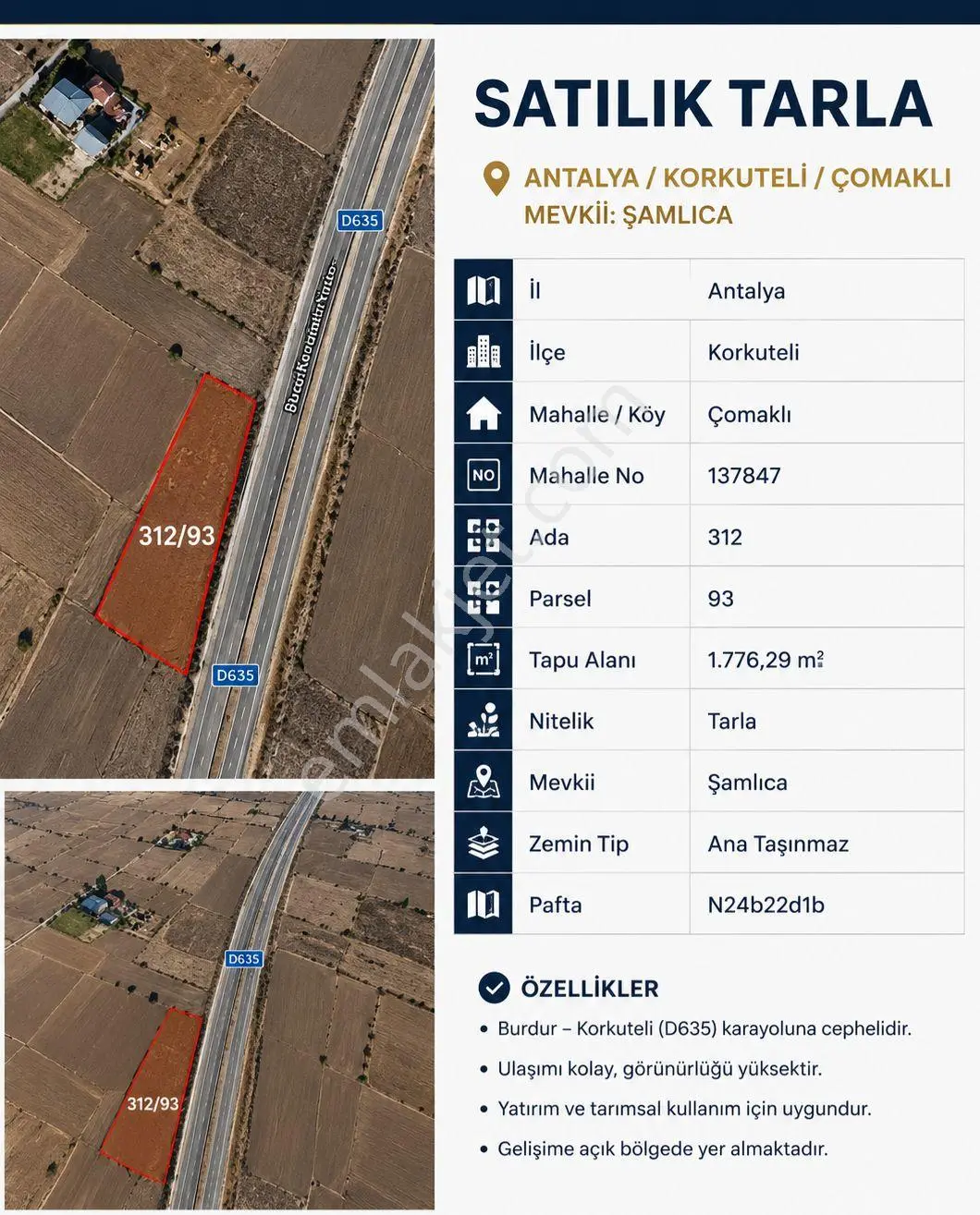 Korkuteli Çomaklı'da D635 Karayoluna Cepheli Satılık 1.776 M² Tarla - Görsel 2