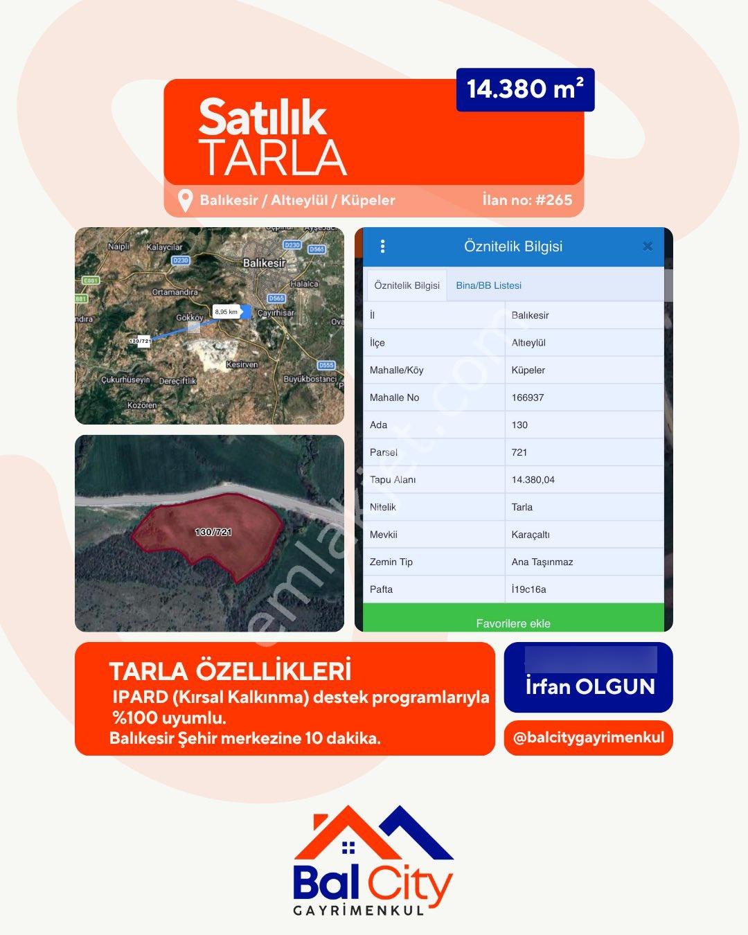Balcity - Balıkesir | Altıeylül Küpeler'de 14.380 M² Asfalta Cephe %5 İmarlı Satılık Tarla