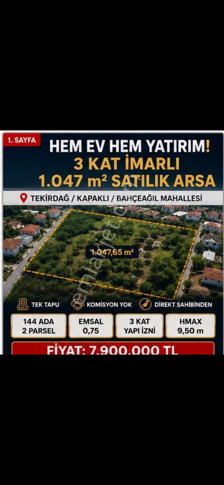 Acil Satılıkk!! 3 Kat İmarlı 1.047 M² Satılık Arsa