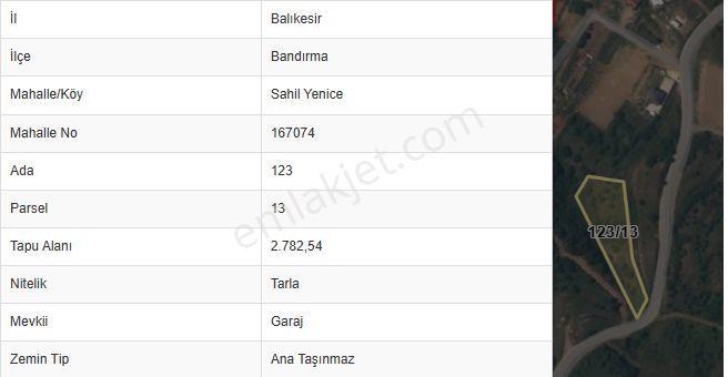 Balıkesir Bandırma Sahil Yenice'de Deniz Manzaralı Satılık Tarla