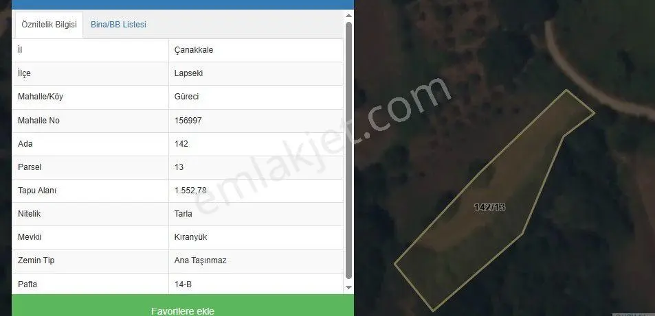 Çanakkale Lapseki Güreci 'de Yolu Olan 1552 M2 Satılık Tarla