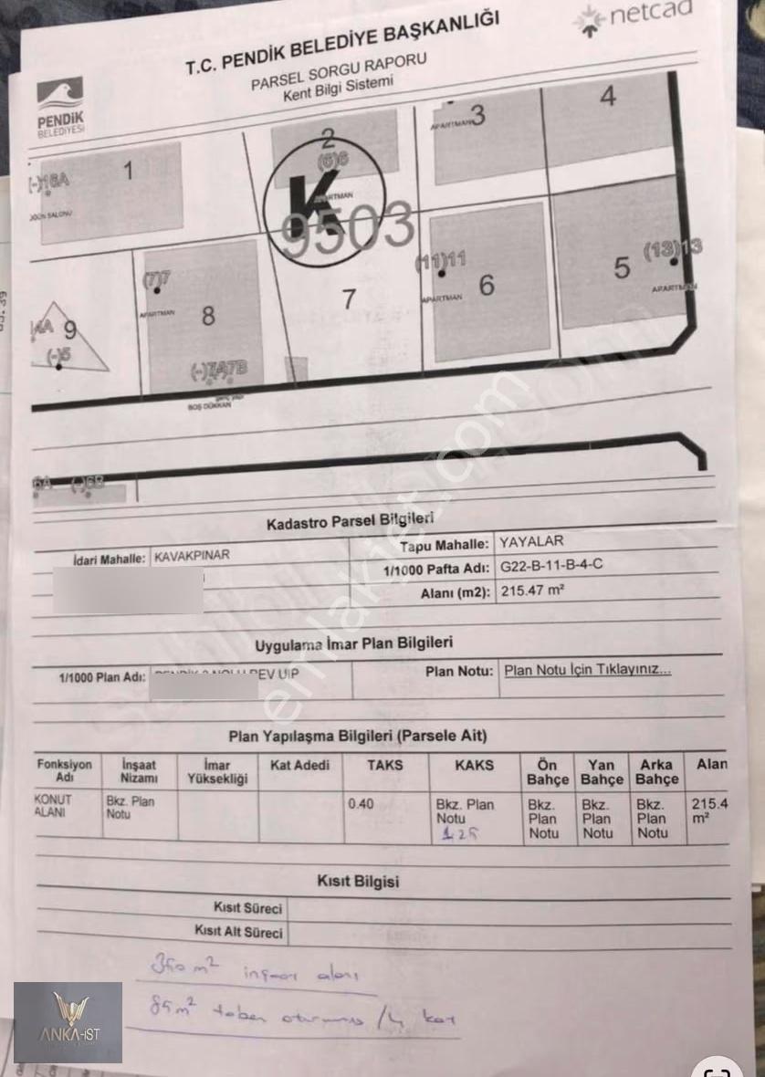 Pendik Kavakpınar Mahallesi Satılık 215m2 Müstakil Arsa