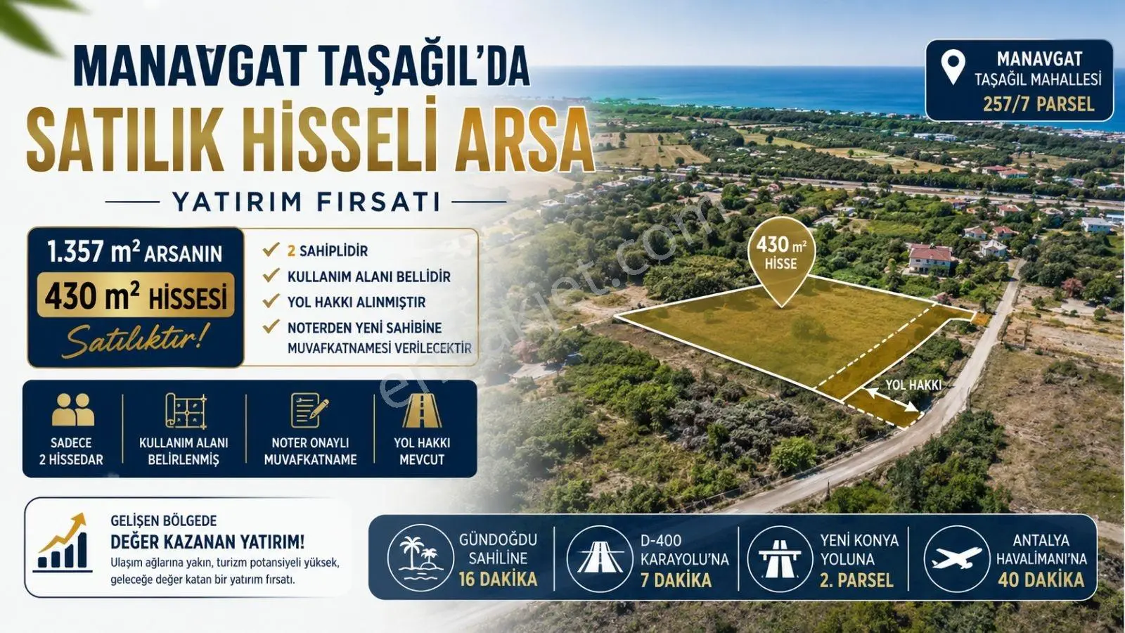 Manavgat Taşağıl'da Satılık Hisseli Arsa Kullanım Alanı Belirli