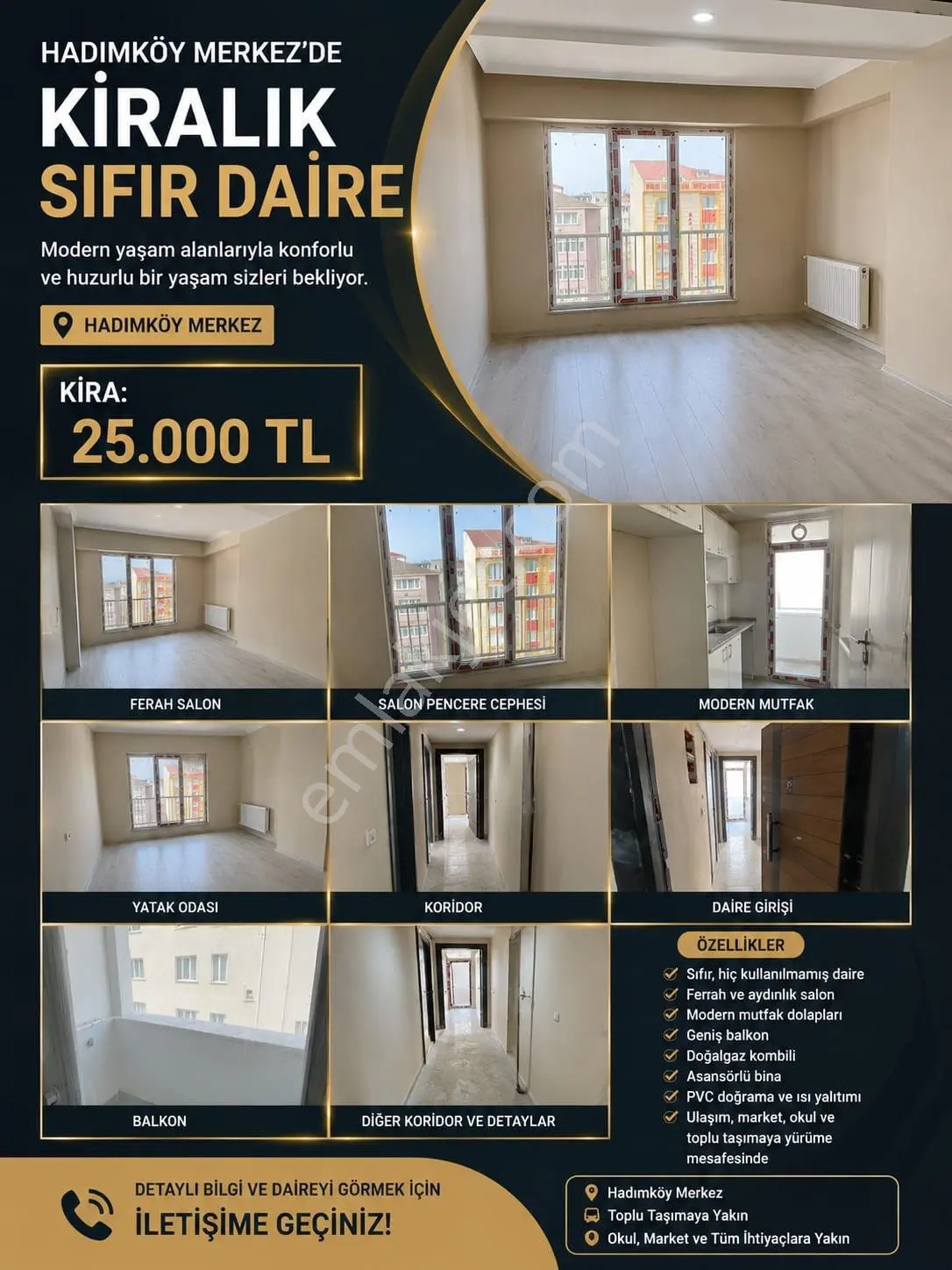 Hadımköy Merkez De 2+1 90m2 3.kat Sıfır Kiralık Temiz Daire
