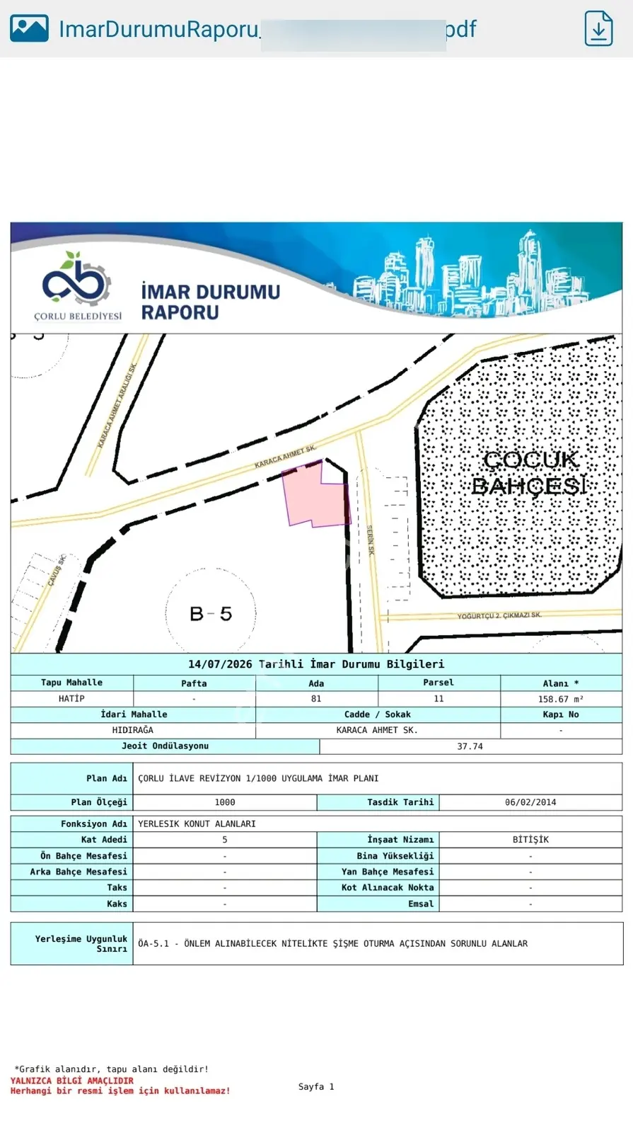 Çorlu Hıdırağa Mah.5 Kat İmarlı Satılık Takaslı Arsa