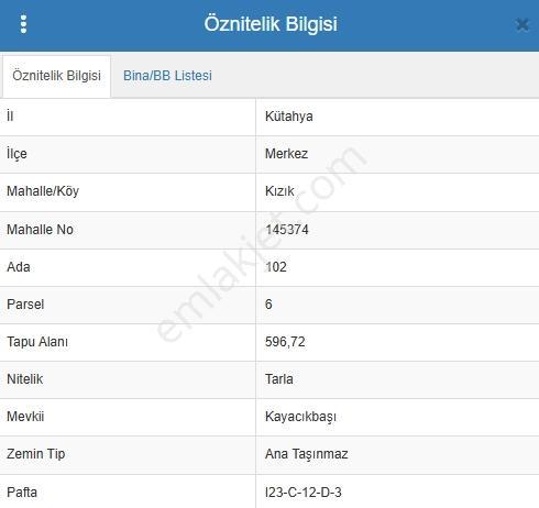 KÜTAHYA KIZIK KAYACIKBAŞI MEVKİNDE 596,72 M2 SATILIK TARLA