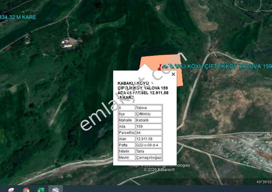 Çiftlikköy Kabaklı Köyü (Merkez) Satılık Tarla YALOVA KABAKLI KÖYÜNDE HARKA LOKASYONDA 12.911 M KARE TARLA