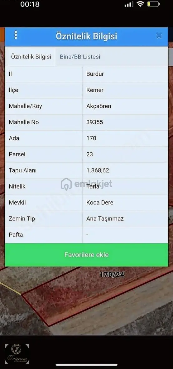Kemer Akçaören 1.368 M2 Satılık Tek Tapu Tarla