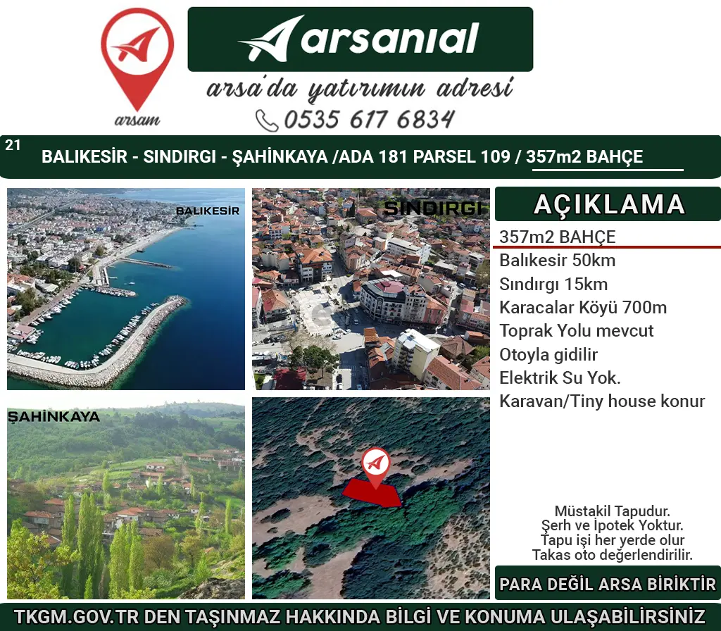 Balıkesir Sındırgı Şahinkaya Satılık 357m2 Bahçe