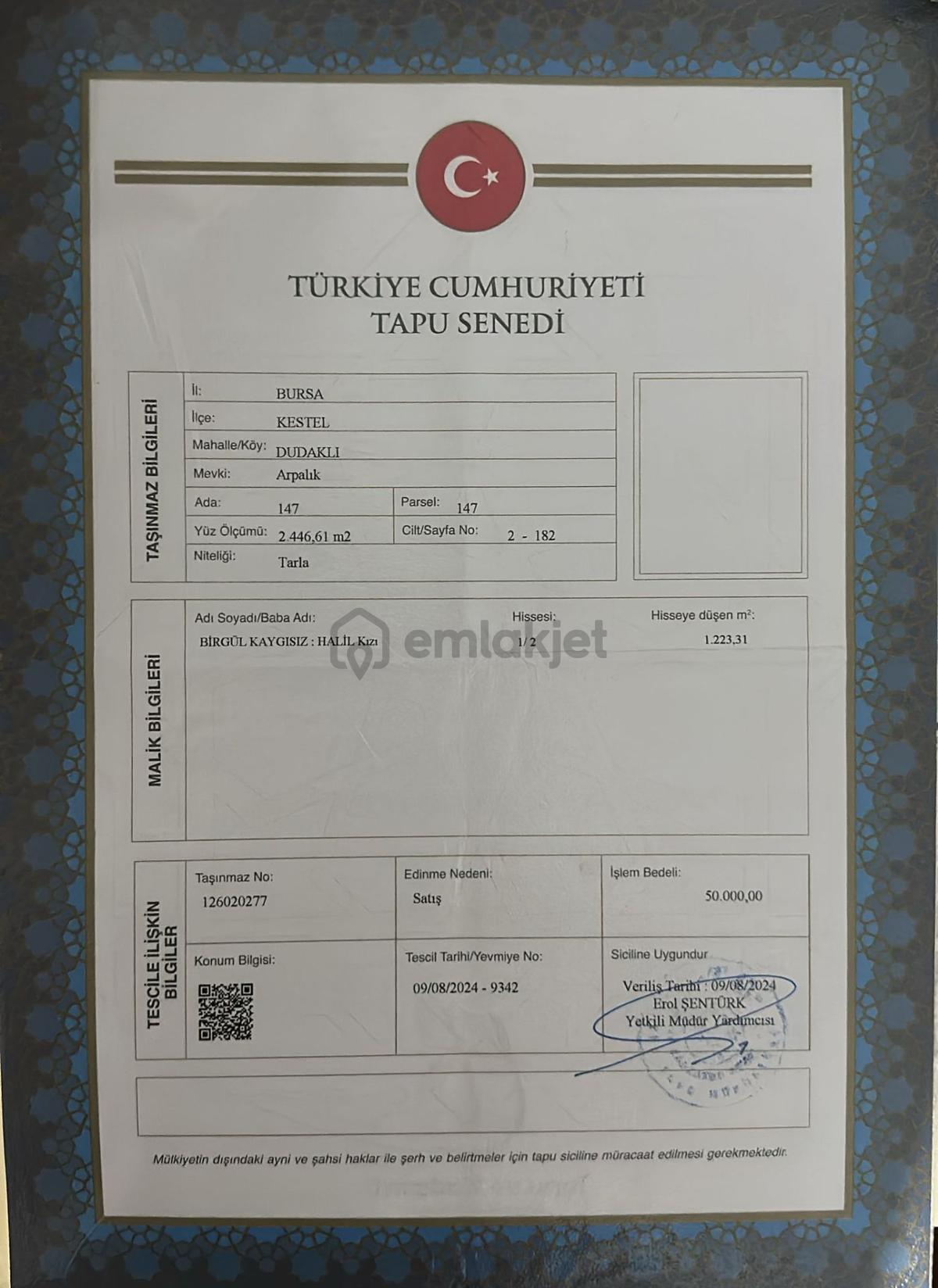 Bursa Kestel Dudaklı Satılık Hobi 2446m2 Bahçesi