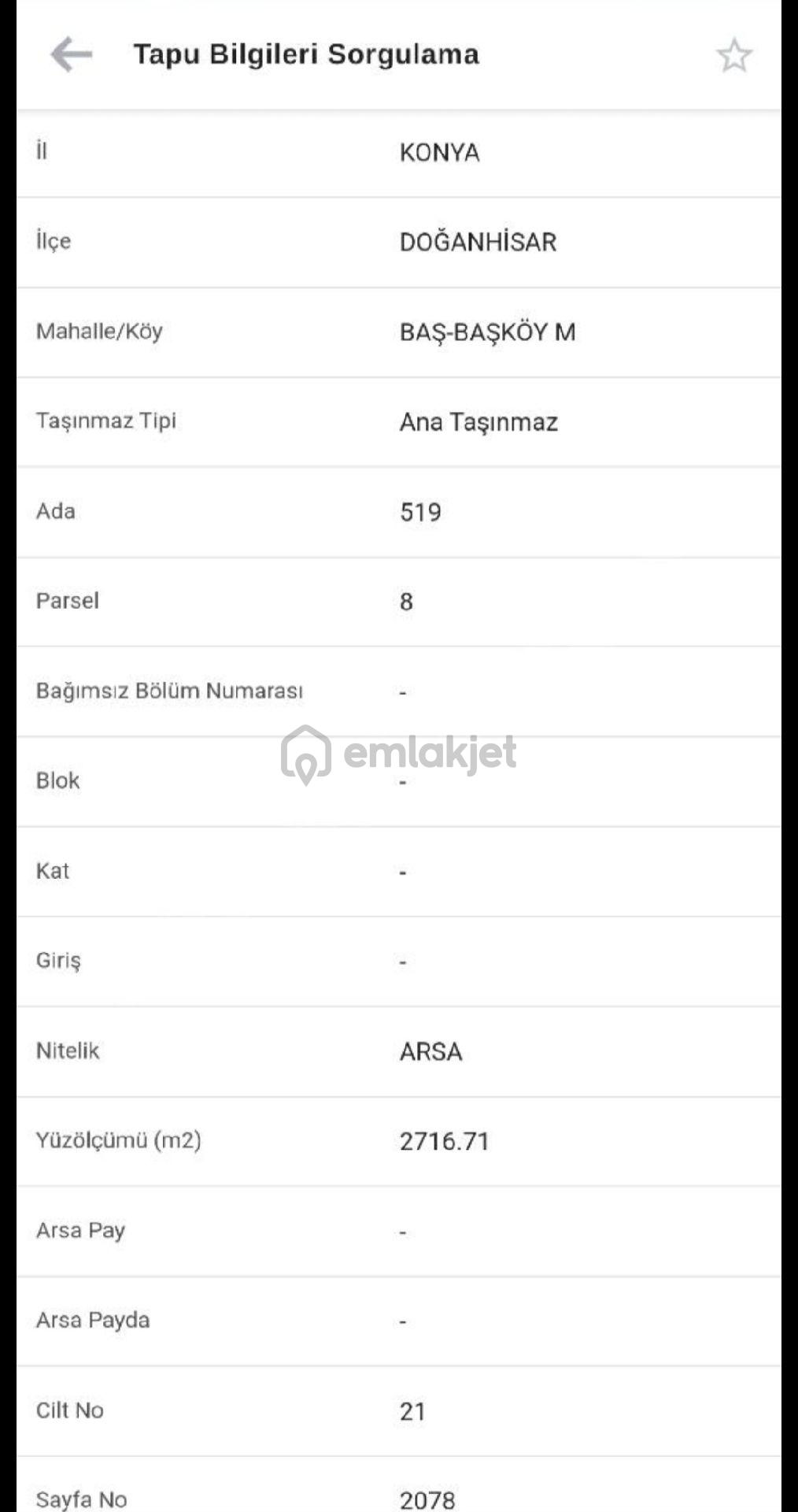 Sahibinden Doğanhisar Baş Başköy Mahallesi Arsa