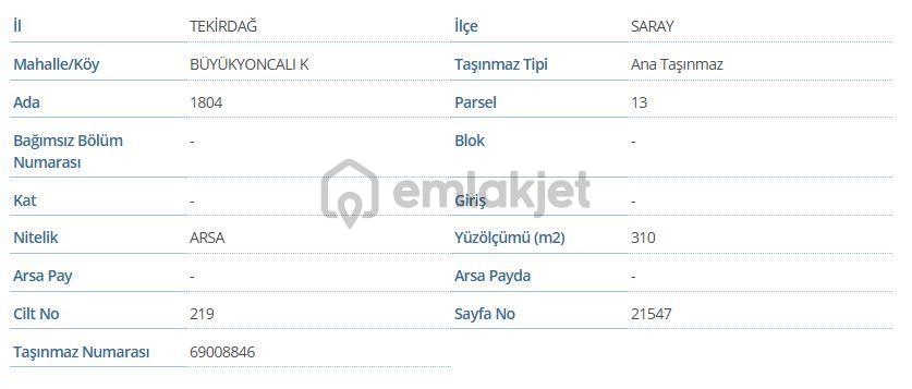 Sahibinden Tekirdağ Saray Büyükyoncalı 310m2 Arsa