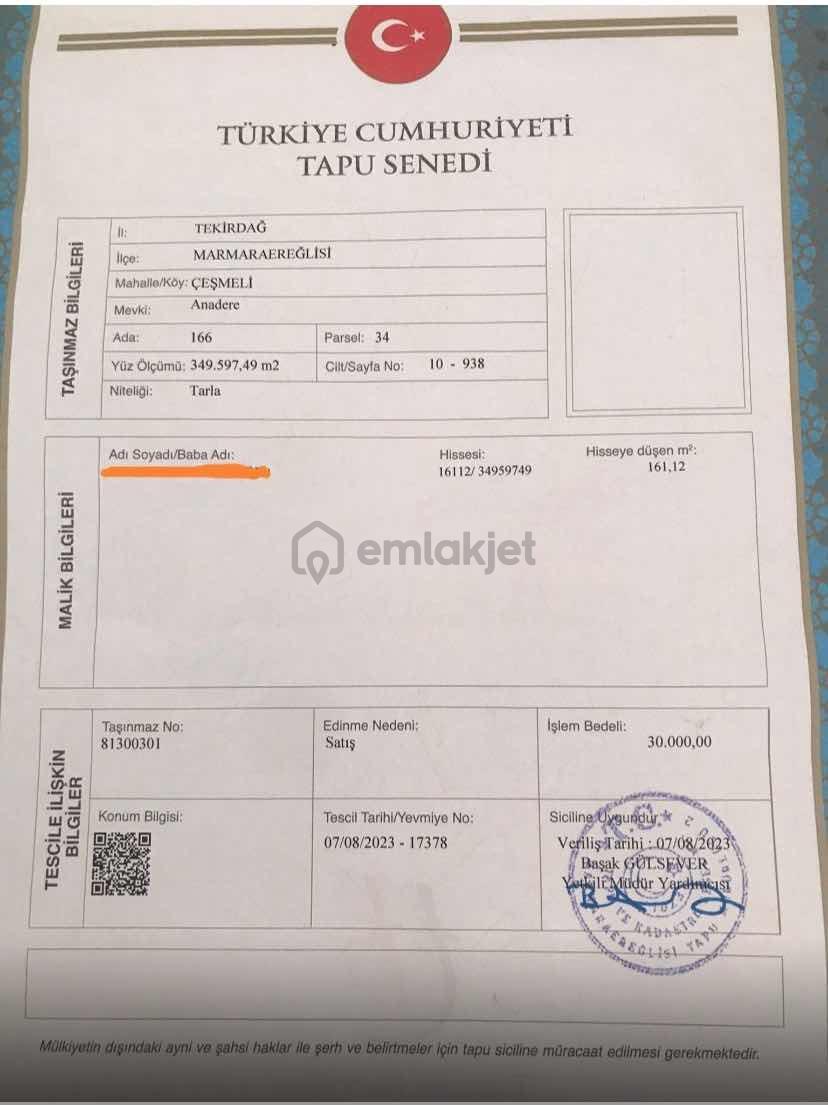 Tekirdağ Marmaraereğlisi Çeşmeli Satılık Arsa