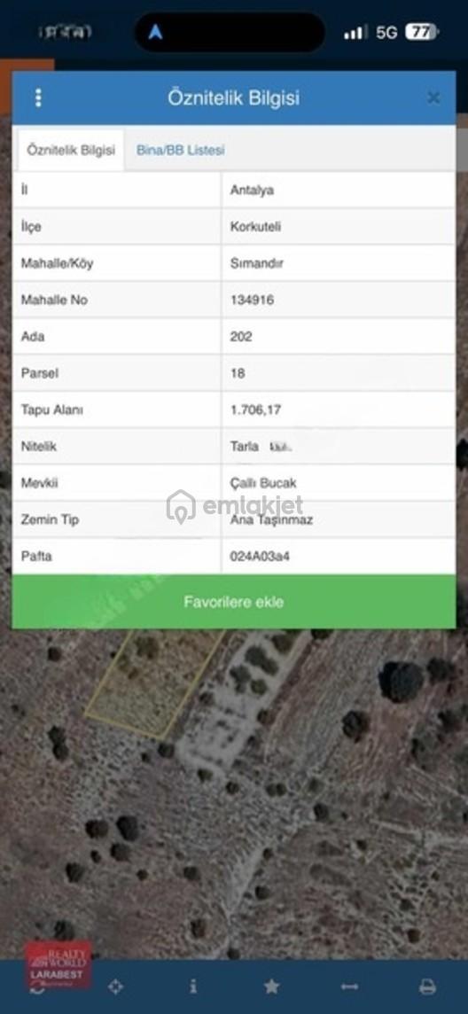 Korkuteli Simandır 1.706 M² Satılık Tarla, 202/18 - 3