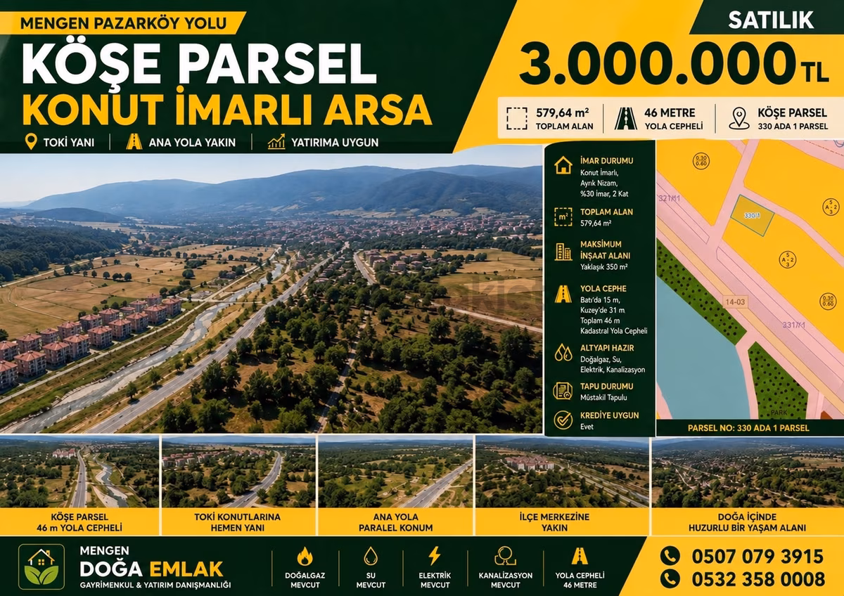 Mengen'de Satılık Konut İmarlı Köşe Parsel Arsa