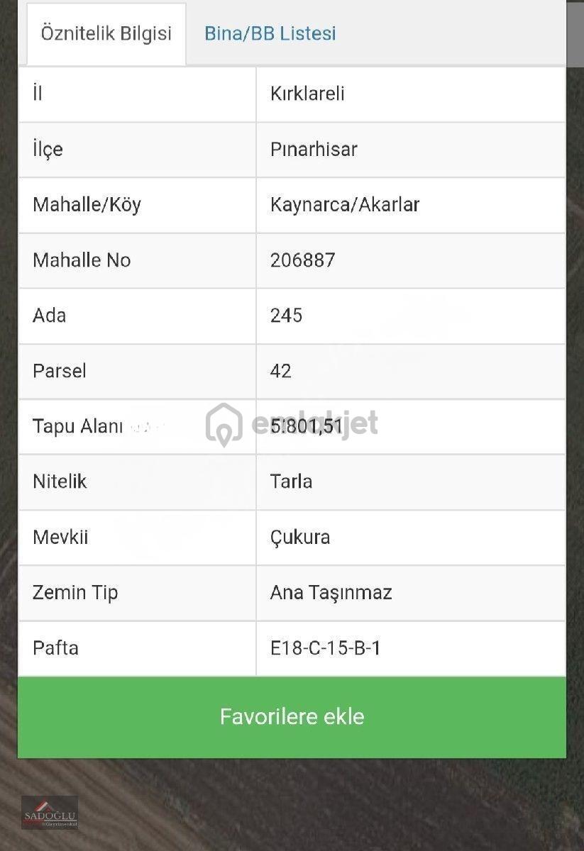 Satılık Pınarhisar Kaynarca/ Akarlar'da 5801 M2 - 6