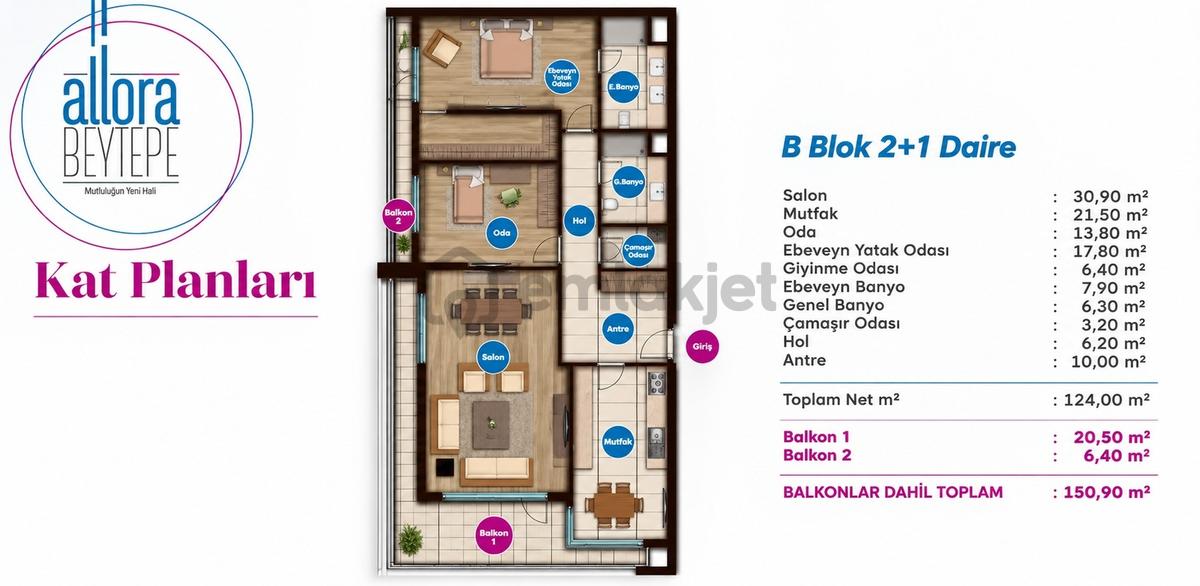 Allora Beytepe'de Manzaralı Geniş 2+1 Satılık Daire 150 M2 - 53