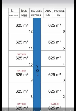 Kırklareli Vize Pazarlı Da Satılık 625 M² Arsa