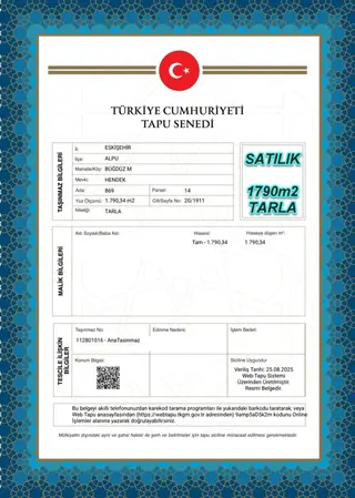 Eskişehir Alpu Büğdüz Mah.de Fırsat Satılık 1790m2 Tarla