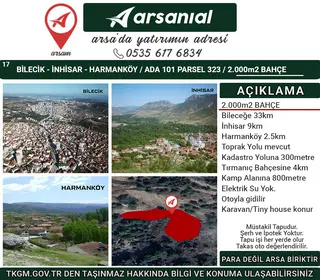 Bilecik İnhisar Harmanköy Satılık 2000m2 Bahçe