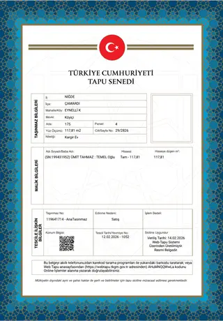 Niğde Çamardı Müstakil Ev Tapu Sahibi Perta Emlak Ümit Tahmaz
