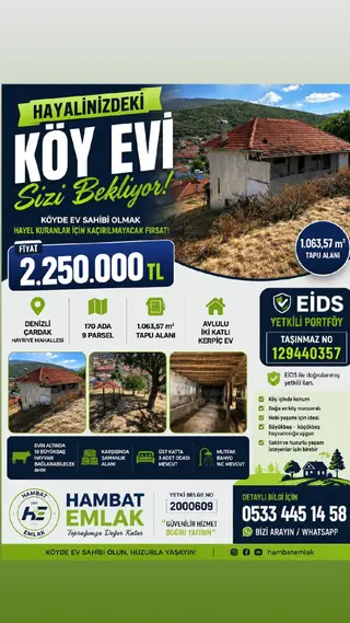 Denizli Çardak Hayriye'de 1.063 M² Arsa İçinde Avlulu İki Katlı Köy Evi | Eids Yetkili